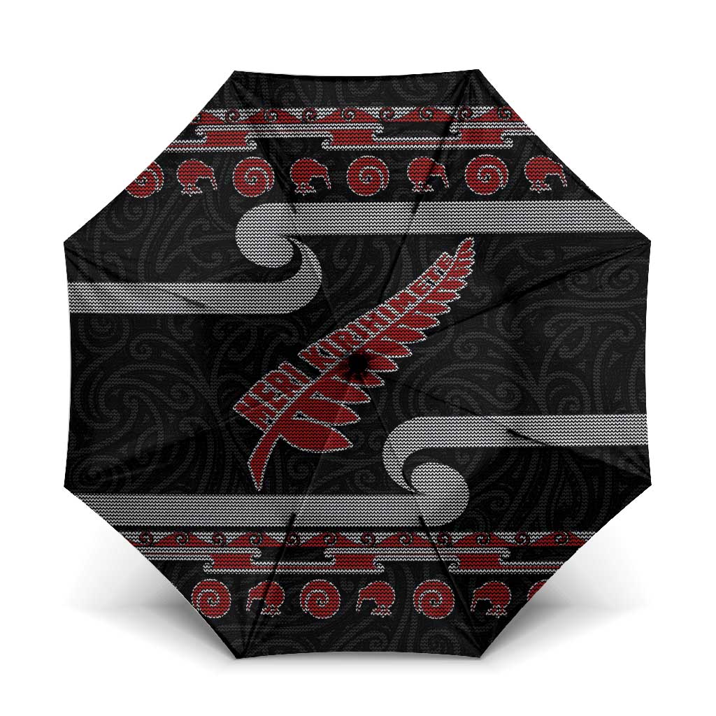 New Zealand Christmas Umbrella Meri Kirihimete Silver Fern Knit Style Red Color - Polynesian Pride