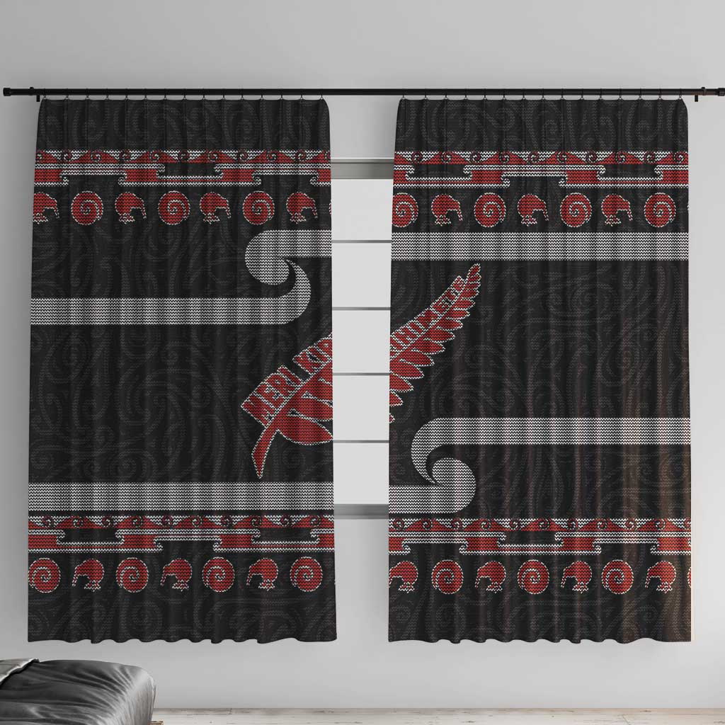New Zealand Christmas Window Curtain Meri Kirihimete Silver Fern Knit Style Red Color - Polynesian Pride