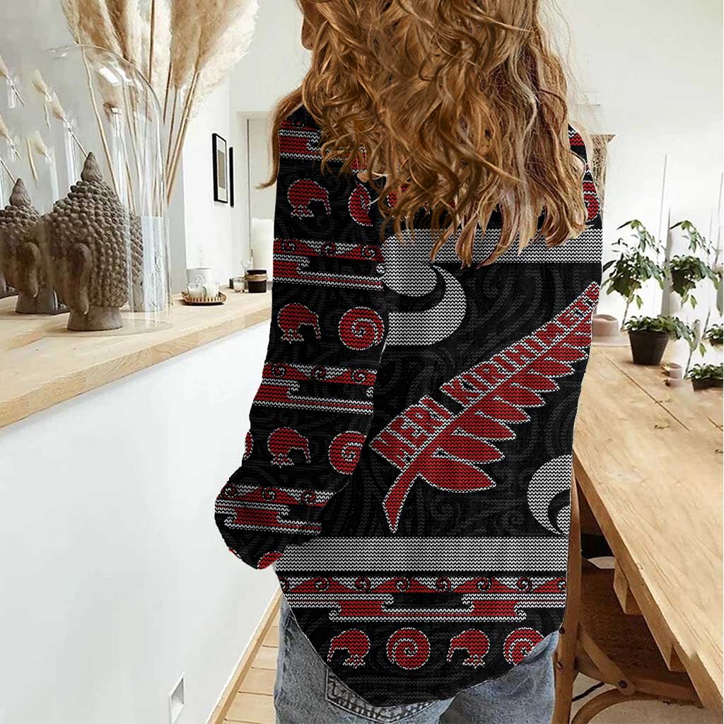 New Zealand Christmas Women Casual Shirt Meri Kirihimete Silver Fern Knit Style Red Color - Polynesian Pride