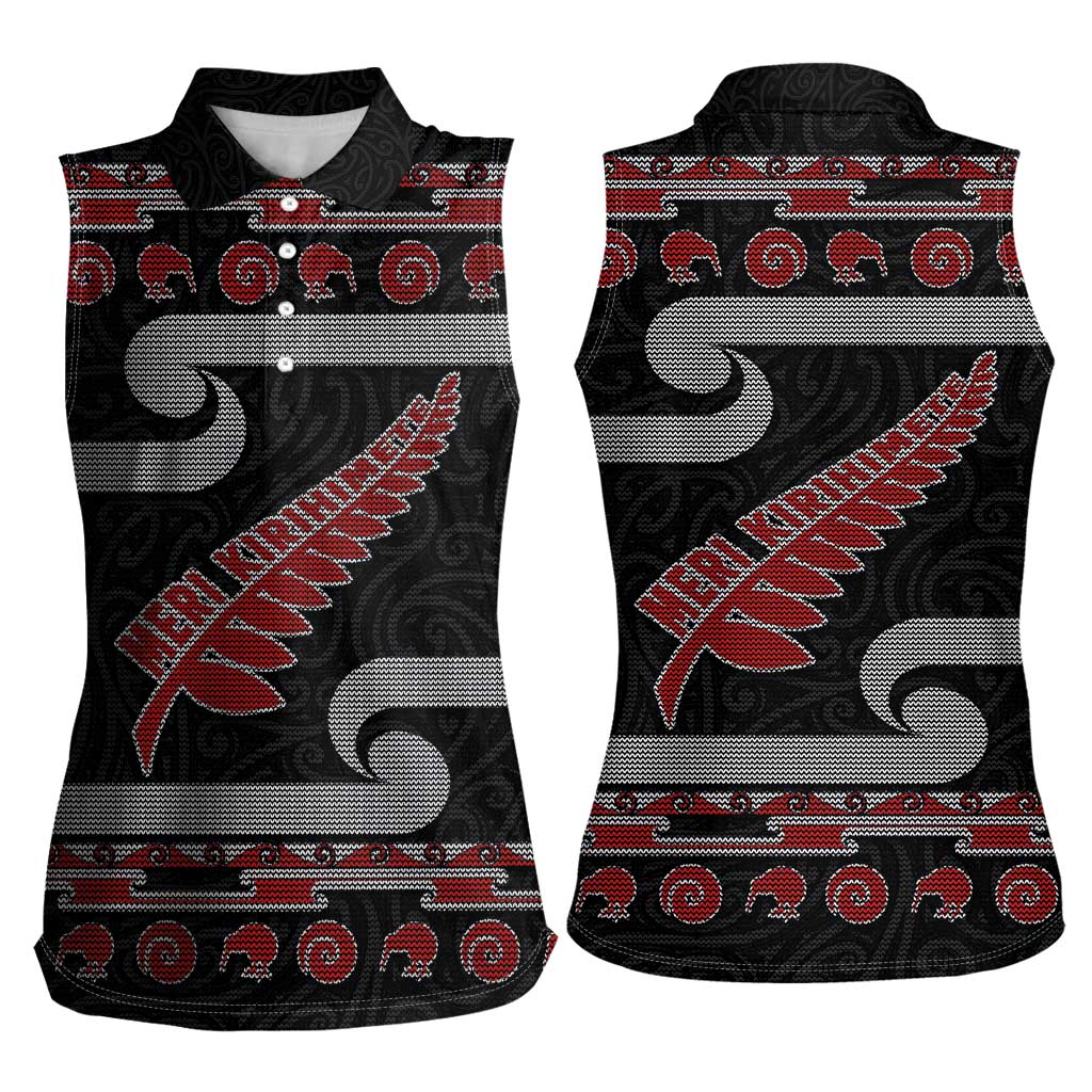 New Zealand Christmas Women Sleeveless Polo Shirt Meri Kirihimete Silver Fern Knit Style Red Color - Polynesian Pride