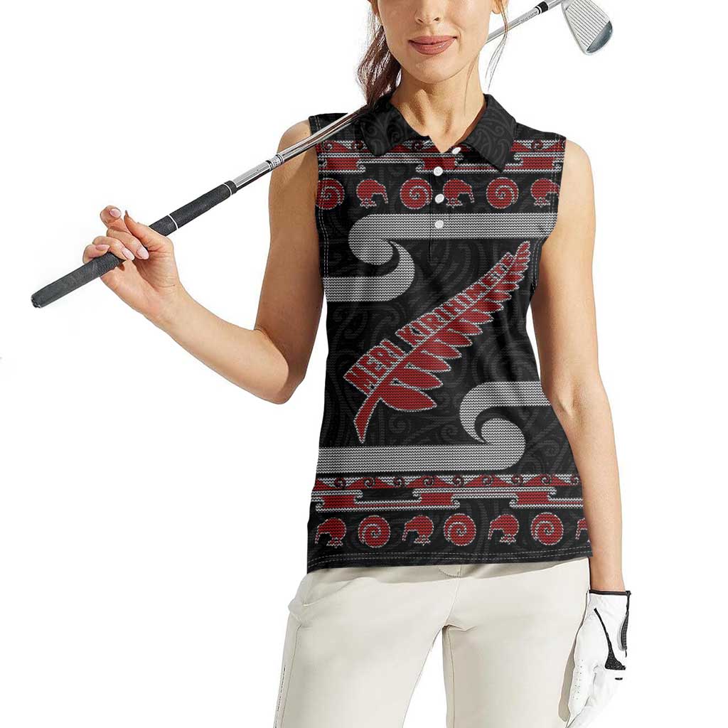 New Zealand Christmas Women Sleeveless Polo Shirt Meri Kirihimete Silver Fern Knit Style Red Color - Polynesian Pride