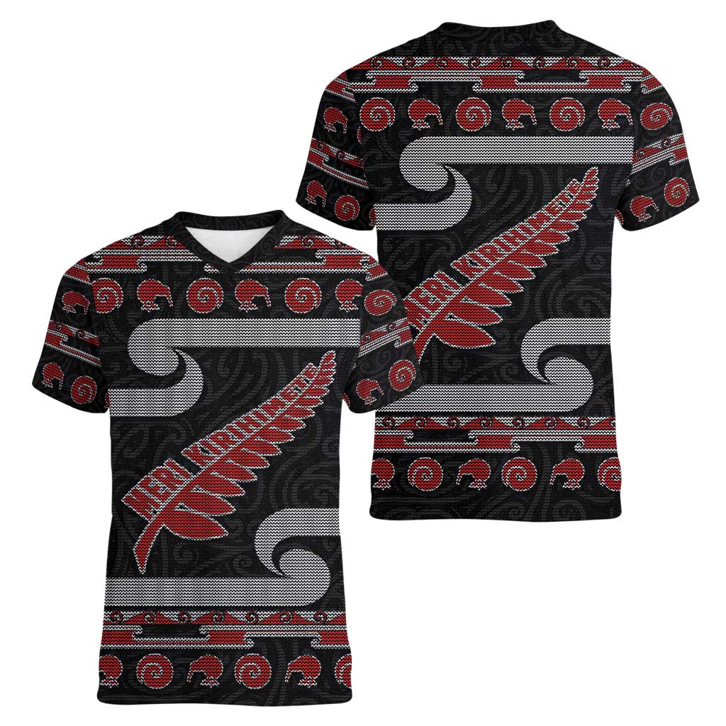New Zealand Christmas Women V-Neck T-Shirt Meri Kirihimete Silver Fern Knit Style Red Color - Polynesian Pride