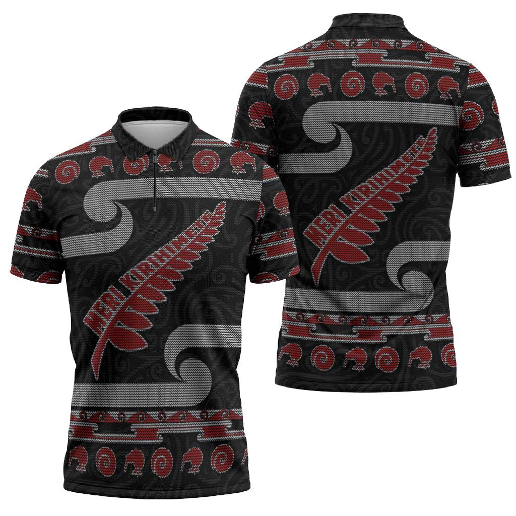 New Zealand Christmas Zipper Polo Shirt Meri Kirihimete Silver Fern Knit Style Red Color - Polynesian Pride