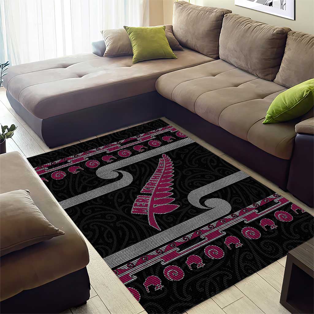 New Zealand Christmas Area Rug Meri Kirihimete Silver Fern Knit Style Pink Color - Polynesian Pride