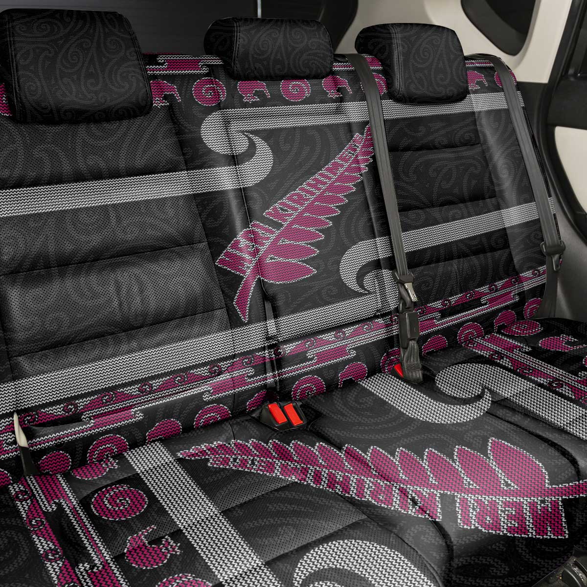 New Zealand Christmas Back Car Seat Cover Meri Kirihimete Silver Fern Knit Style Pink Color - Polynesian Pride