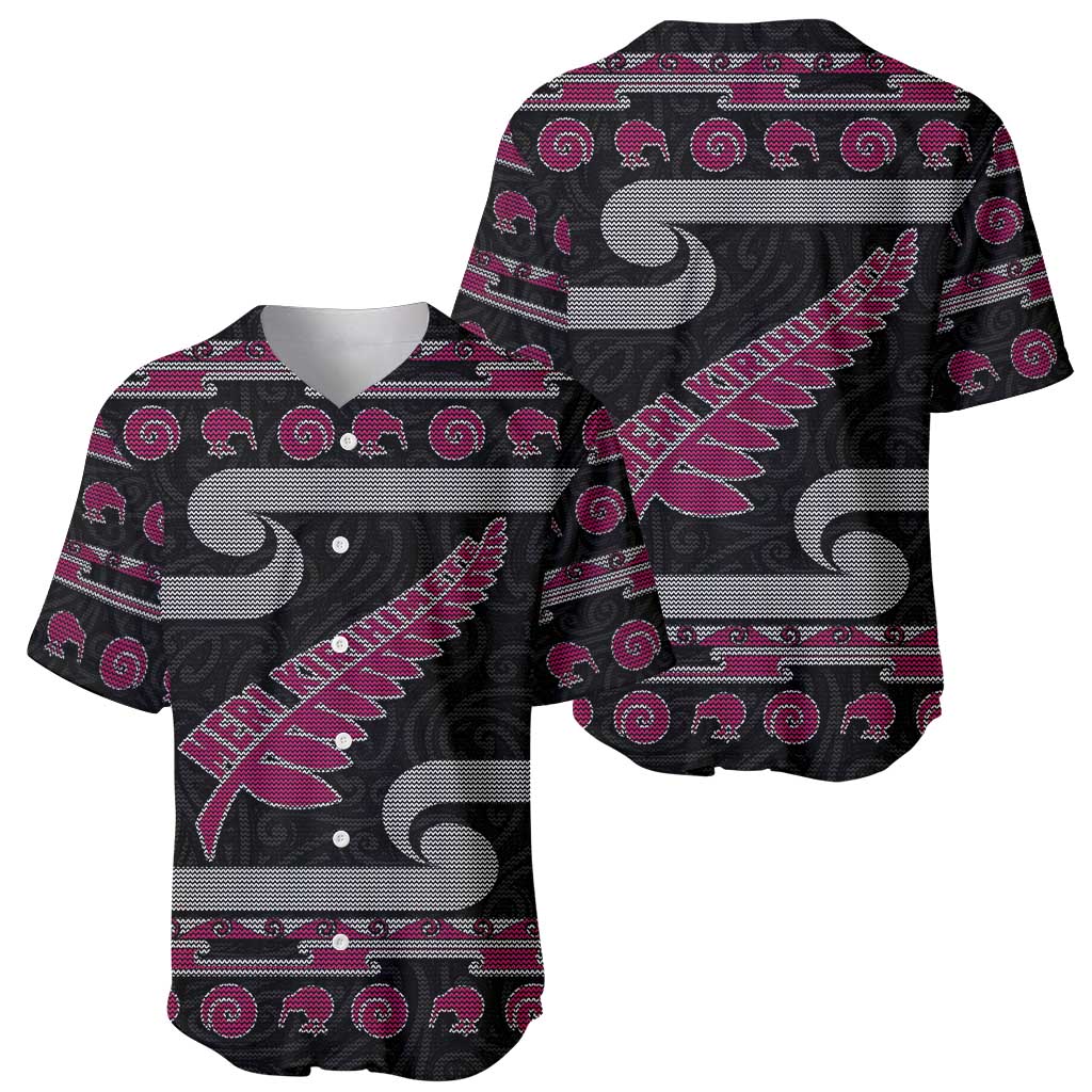 New Zealand Christmas Baseball Jersey Meri Kirihimete Silver Fern Knit Style Pink Color - Polynesian Pride