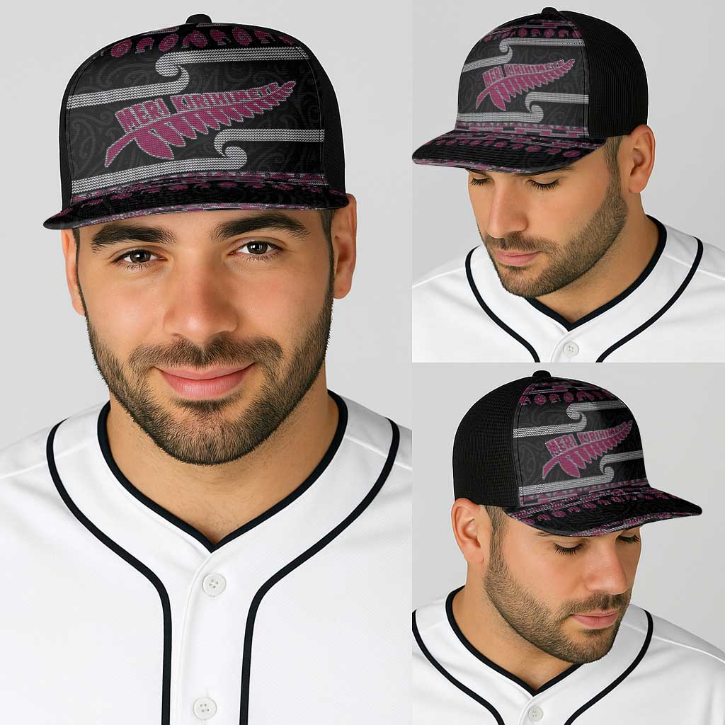 New Zealand Christmas Baseball Net Cap Meri Kirihimete Silver Fern Knit Style Pink Color - Polynesian Pride