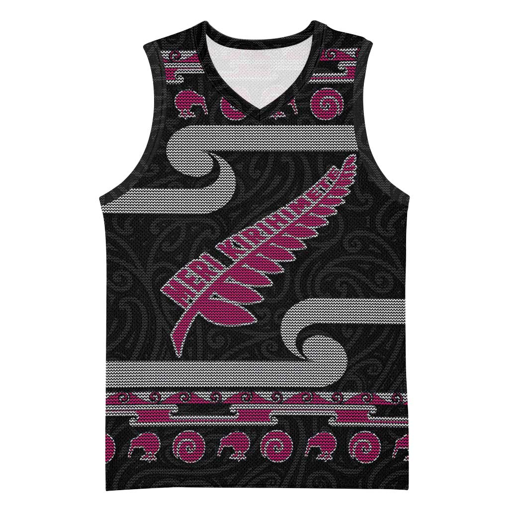 New Zealand Christmas Basketball Jersey Meri Kirihimete Silver Fern Knit Style Pink Color - Polynesian Pride