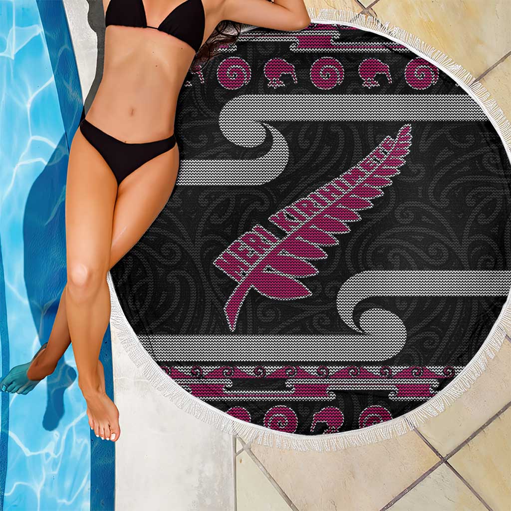 New Zealand Christmas Beach Blanket Meri Kirihimete Silver Fern Knit Style Pink Color - Polynesian Pride