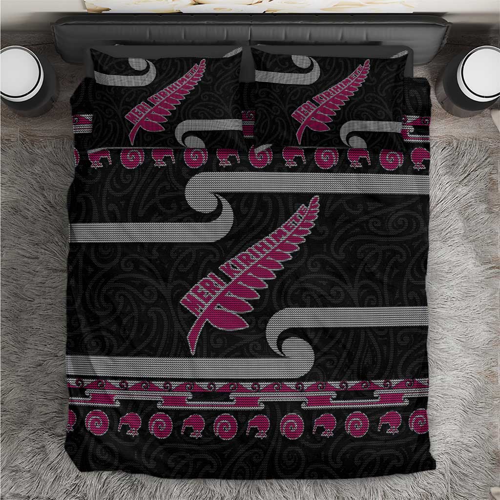New Zealand Christmas Bedding Set Meri Kirihimete Silver Fern Knit Style Pink Color - Polynesian Pride