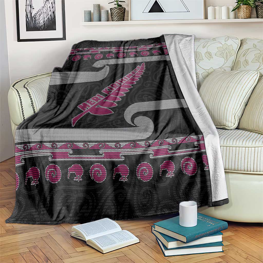 New Zealand Christmas Blanket Meri Kirihimete Silver Fern Knit Style Pink Color - Polynesian Pride