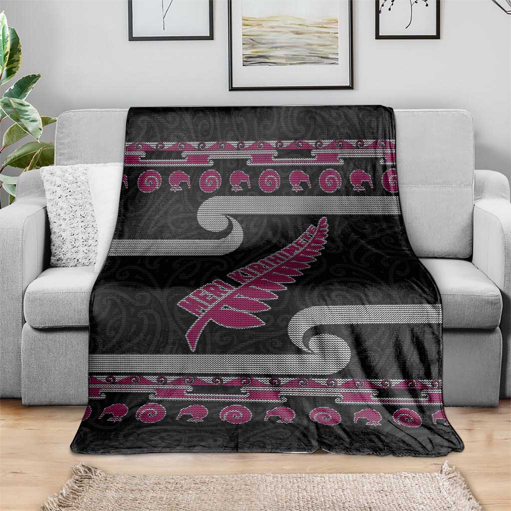 New Zealand Christmas Blanket Meri Kirihimete Silver Fern Knit Style Pink Color - Polynesian Pride