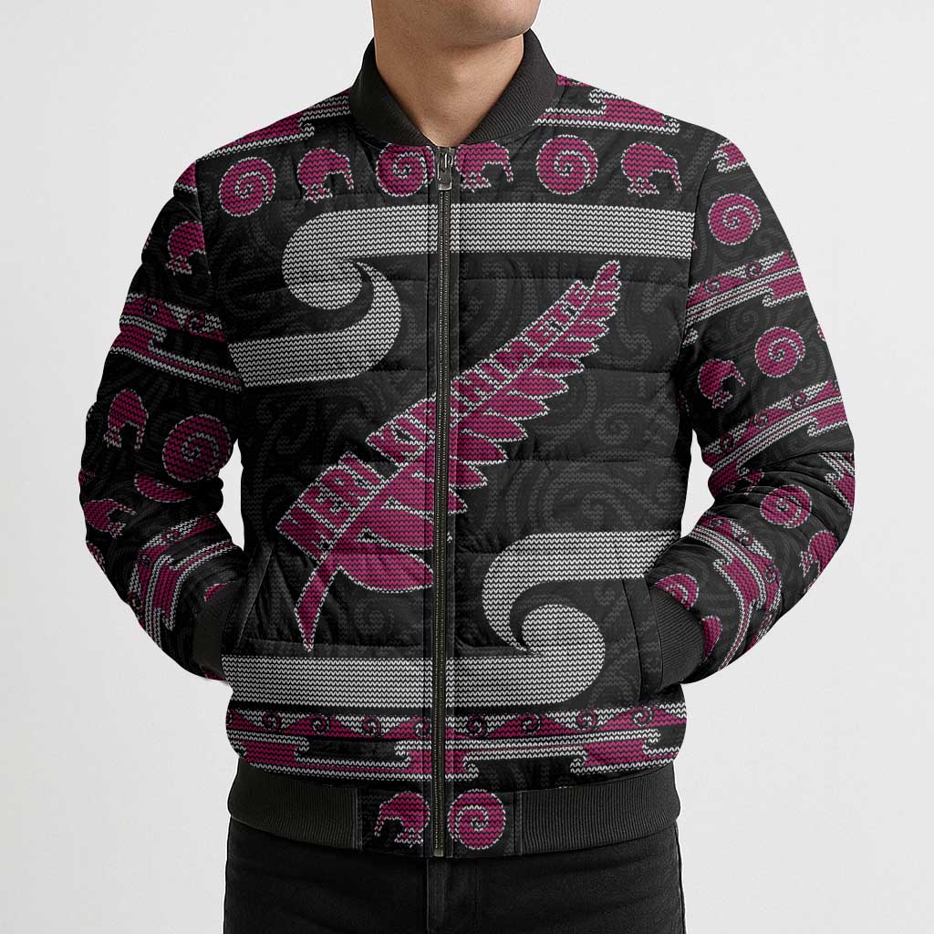 New Zealand Christmas Bomber Puffer Jacket Meri Kirihimete Silver Fern Knit Style Pink Color - Polynesian Pride