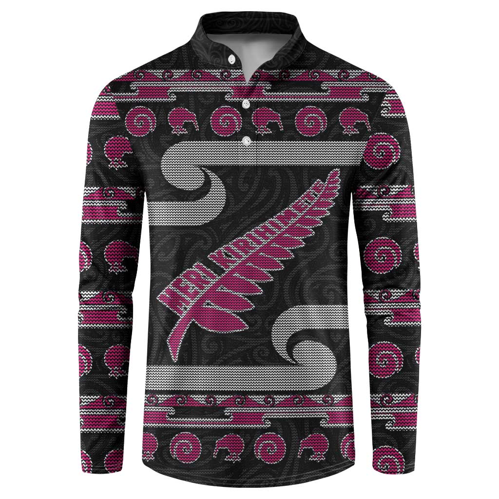 New Zealand Christmas Button Sweatshirt Meri Kirihimete Silver Fern Knit Style Pink Color - Polynesian Pride