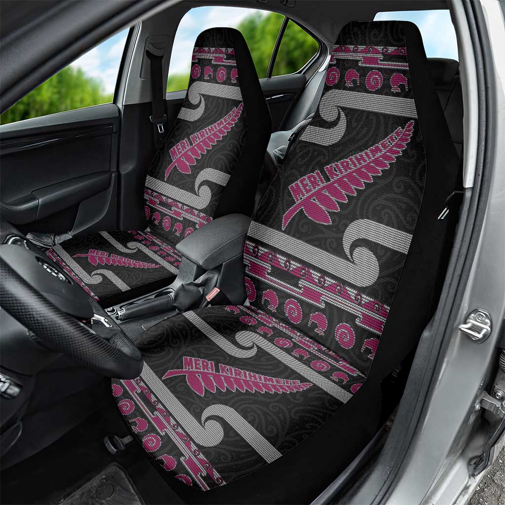 New Zealand Christmas Car Seat Cover Meri Kirihimete Silver Fern Knit Style Pink Color - Polynesian Pride