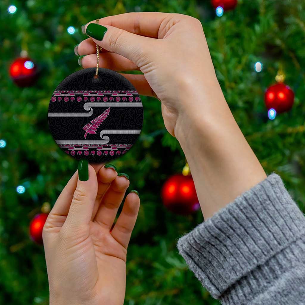 New Zealand Christmas Ceramic Ornament Meri Kirihimete Silver Fern Knit Style Pink Color - Polynesian Pride