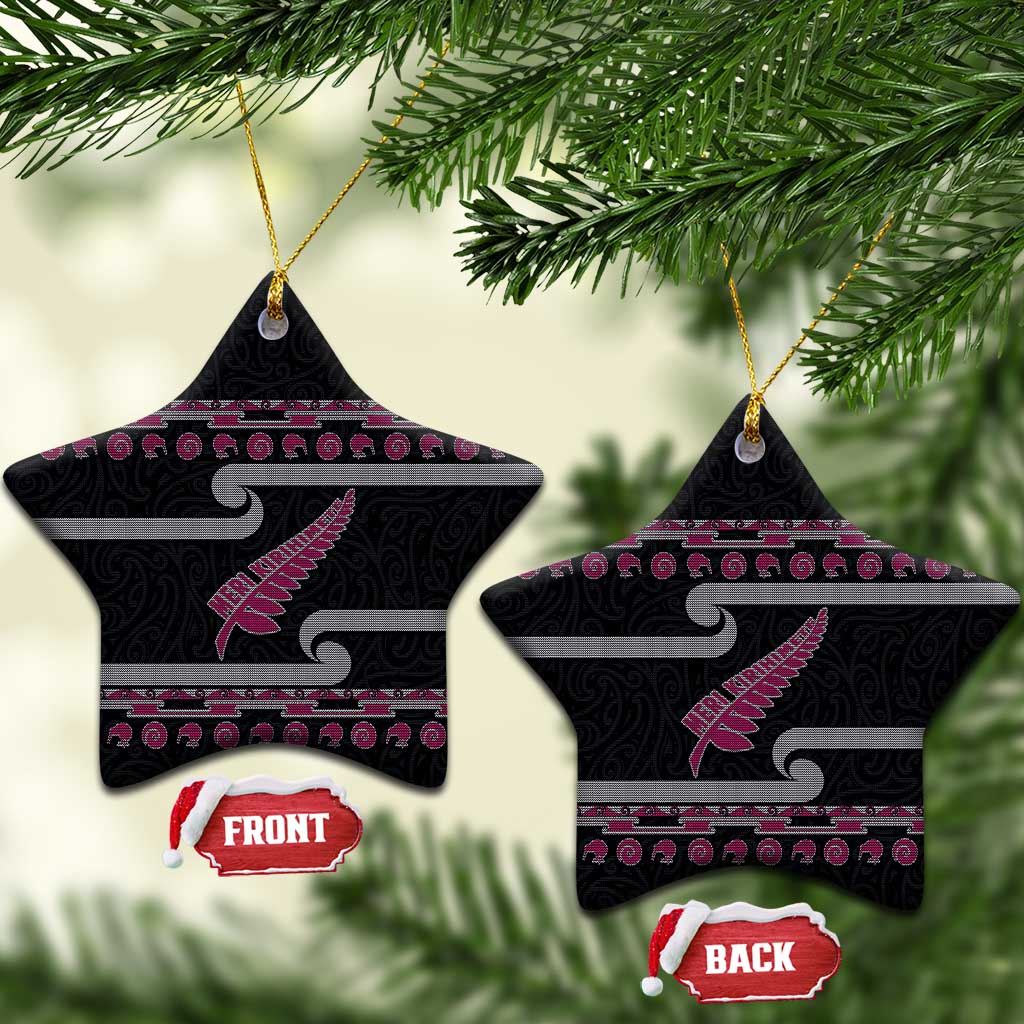 New Zealand Christmas Ceramic Ornament Meri Kirihimete Silver Fern Knit Style Pink Color - Polynesian Pride