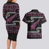 New Zealand Christmas Couples Matching Long Sleeve Bodycon Dress and Hawaiian Shirt Meri Kirihimete Silver Fern Knit Style Pink Color - Polynesian Pride