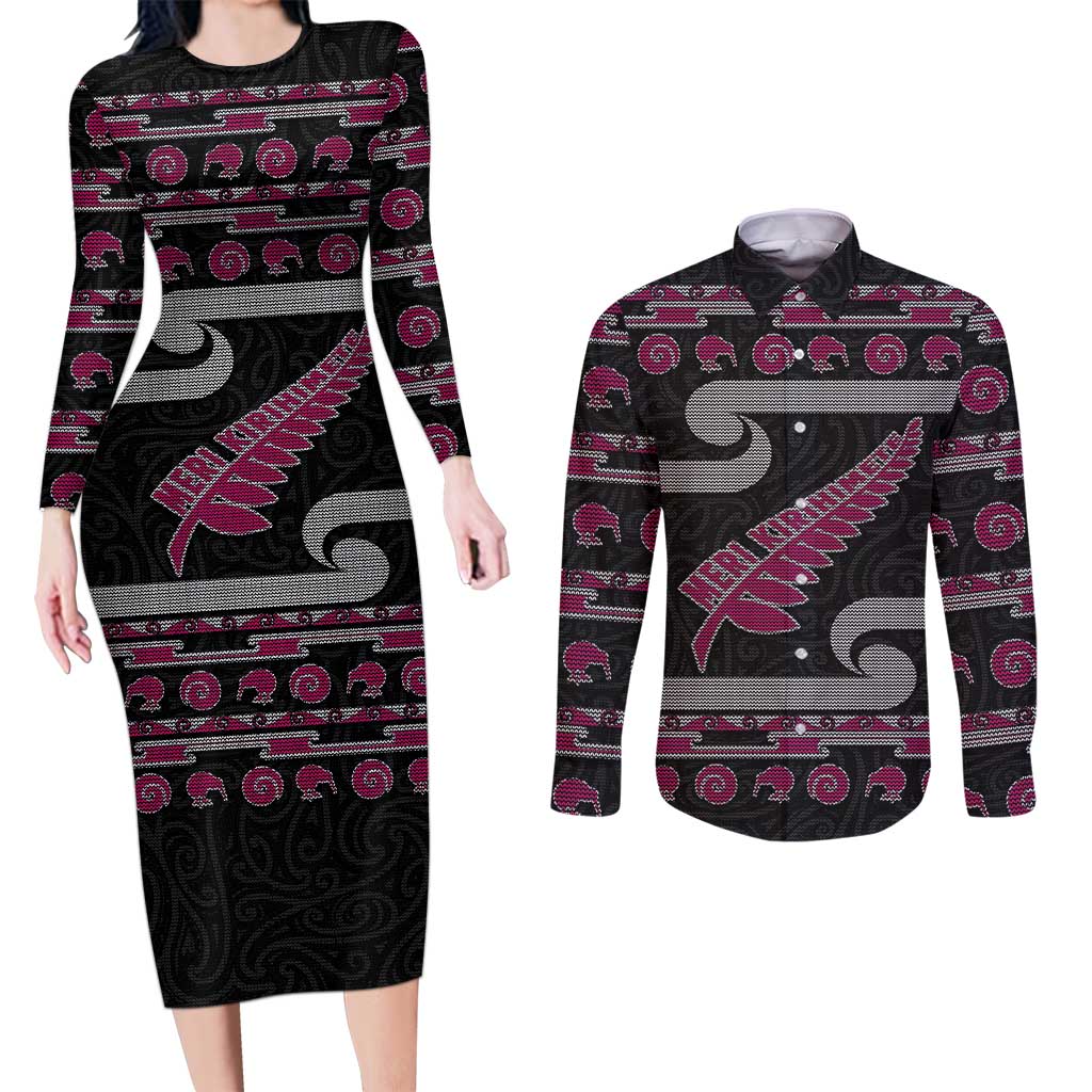New Zealand Christmas Couples Matching Long Sleeve Bodycon Dress and Long Sleeve Button Shirt Meri Kirihimete Silver Fern Knit Style Pink Color - Polynesian Pride
