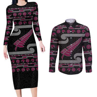 New Zealand Christmas Couples Matching Long Sleeve Bodycon Dress and Long Sleeve Button Shirt Meri Kirihimete Silver Fern Knit Style Pink Color - Polynesian Pride