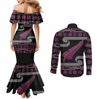 New Zealand Christmas Couples Matching Mermaid Dress and Long Sleeve Button Shirt Meri Kirihimete Silver Fern Knit Style Pink Color - Polynesian Pride
