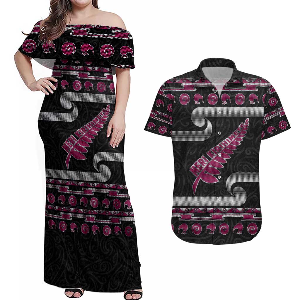 New Zealand Christmas Couples Matching Off Shoulder Maxi Dress and Hawaiian Shirt Meri Kirihimete Silver Fern Knit Style Pink Color - Polynesian Pride