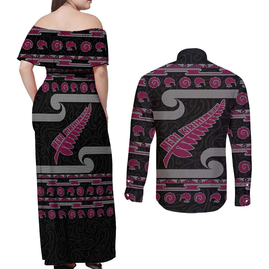 New Zealand Christmas Couples Matching Off Shoulder Maxi Dress and Long Sleeve Button Shirt Meri Kirihimete Silver Fern Knit Style Pink Color - Polynesian Pride
