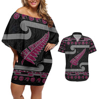 New Zealand Christmas Couples Matching Off Shoulder Short Dress and Hawaiian Shirt Meri Kirihimete Silver Fern Knit Style Pink Color - Polynesian Pride