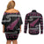 New Zealand Christmas Couples Matching Off Shoulder Short Dress and Long Sleeve Button Shirt Meri Kirihimete Silver Fern Knit Style Pink Color - Polynesian Pride