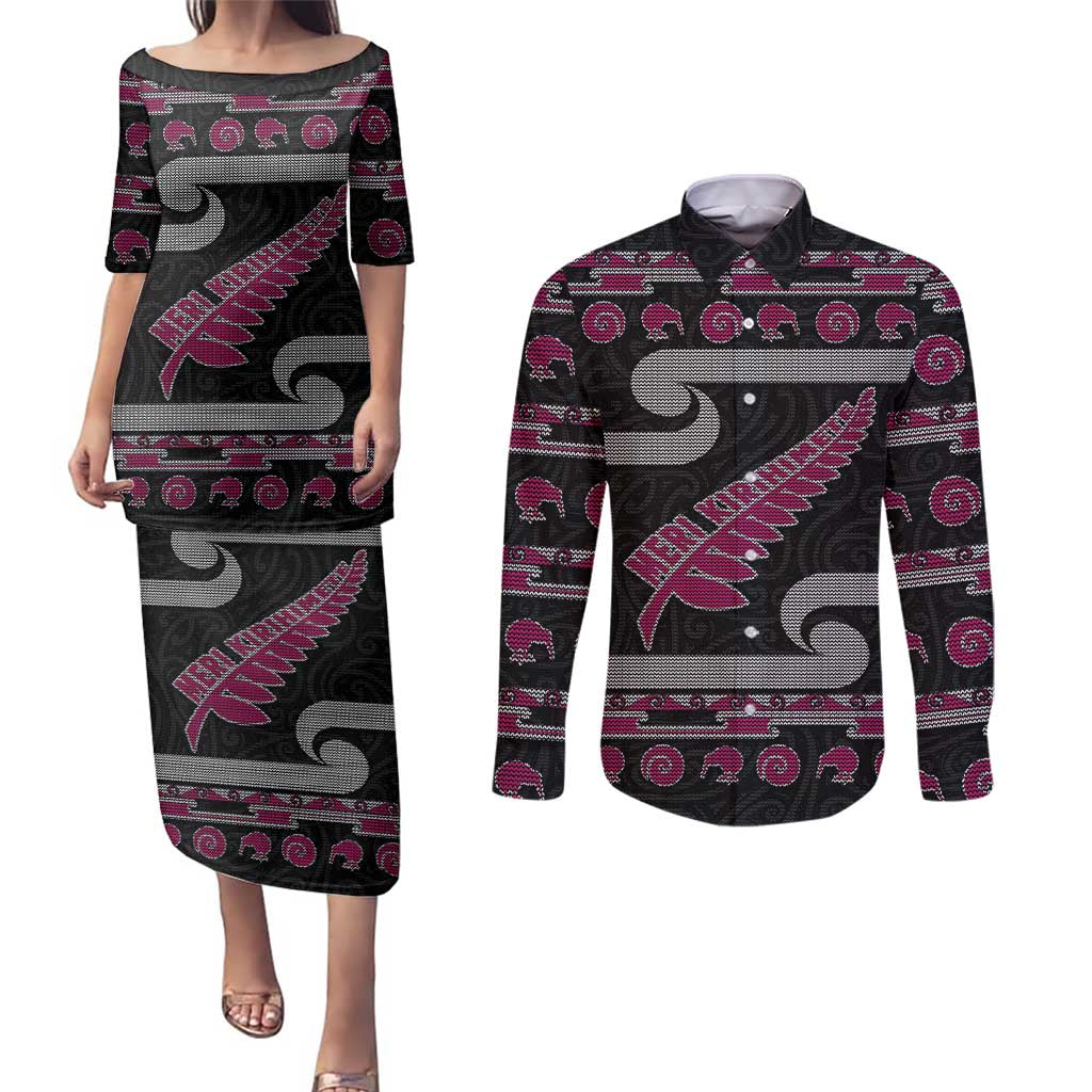 New Zealand Christmas Couples Matching Puletasi and Long Sleeve Button Shirt Meri Kirihimete Silver Fern Knit Style Pink Color - Polynesian Pride