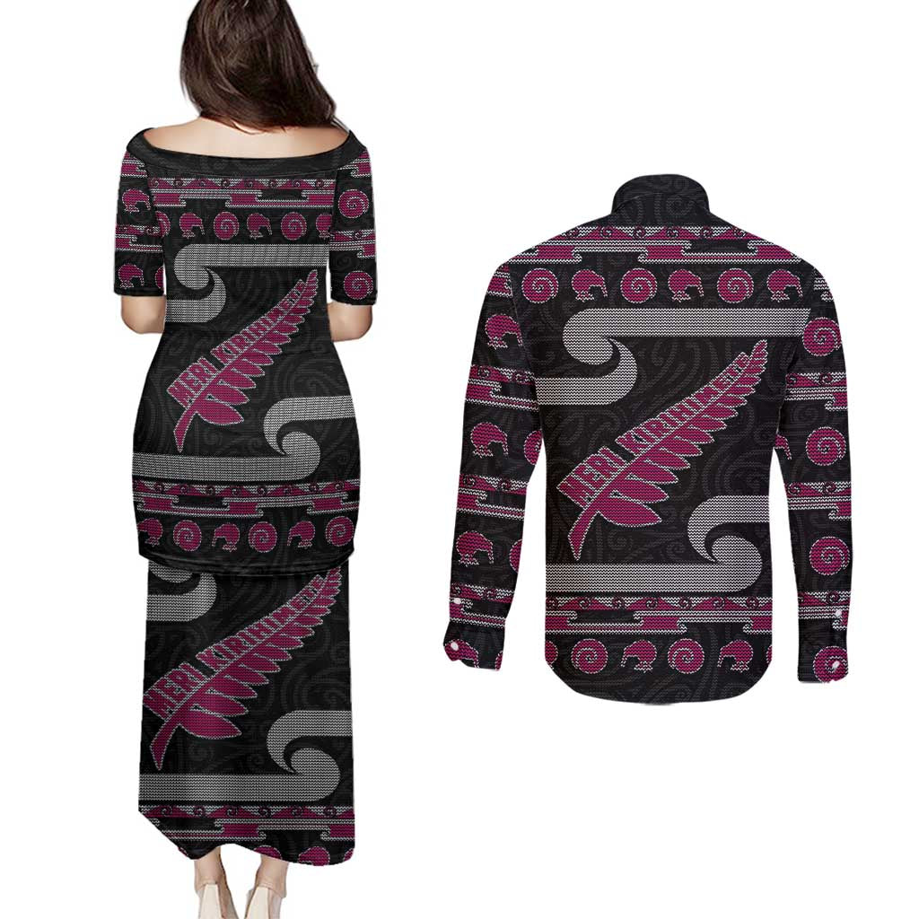 New Zealand Christmas Couples Matching Puletasi and Long Sleeve Button Shirt Meri Kirihimete Silver Fern Knit Style Pink Color - Polynesian Pride