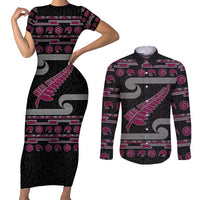 New Zealand Christmas Couples Matching Short Sleeve Bodycon Dress and Long Sleeve Button Shirt Meri Kirihimete Silver Fern Knit Style Pink Color - Polynesian Pride
