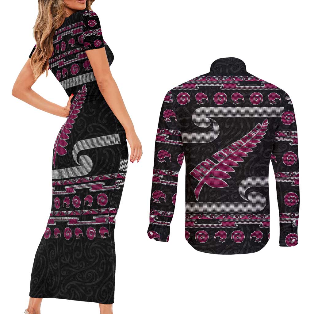 New Zealand Christmas Couples Matching Short Sleeve Bodycon Dress and Long Sleeve Button Shirt Meri Kirihimete Silver Fern Knit Style Pink Color - Polynesian Pride