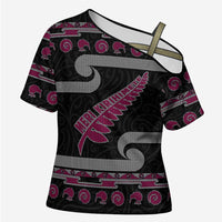 New Zealand Christmas Cross Shoulder Shirt Meri Kirihimete Silver Fern Knit Style Pink Color - Polynesian Pride