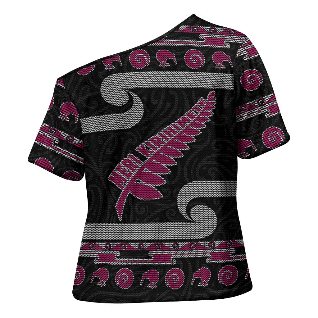 New Zealand Christmas Cross Shoulder Shirt Meri Kirihimete Silver Fern Knit Style Pink Color - Polynesian Pride