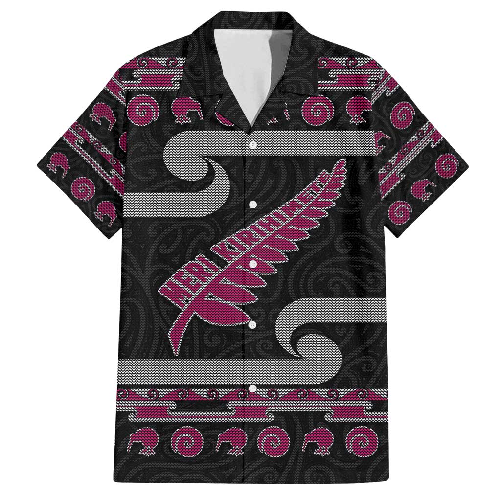 New Zealand Christmas Family Matching Long Sleeve Bodycon Dress and Hawaiian Shirt Meri Kirihimete Silver Fern Knit Style Pink Color - Polynesian Pride