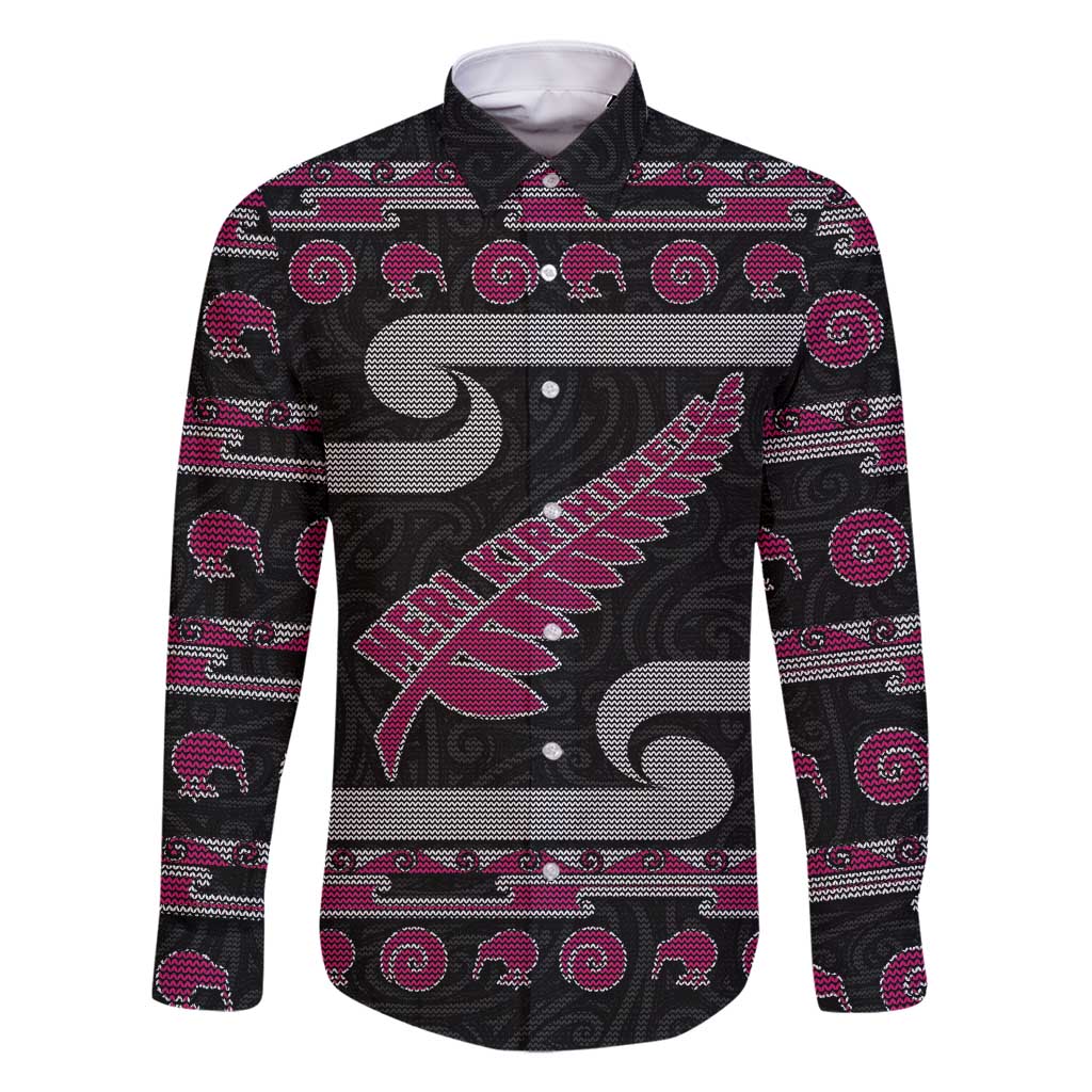 New Zealand Christmas Family Matching Long Sleeve Bodycon Dress and Hawaiian Shirt Meri Kirihimete Silver Fern Knit Style Pink Color - Polynesian Pride