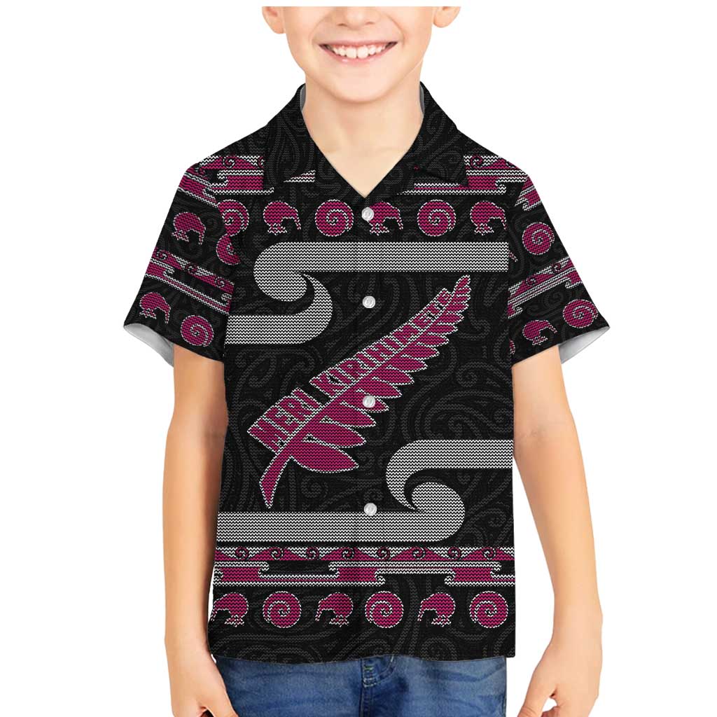 New Zealand Christmas Family Matching Mermaid Dress and Hawaiian Shirt Meri Kirihimete Silver Fern Knit Style Pink Color - Polynesian Pride