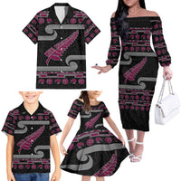 New Zealand Christmas Family Matching Off The Shoulder Long Sleeve Dress and Hawaiian Shirt Meri Kirihimete Silver Fern Knit Style Pink Color - Polynesian Pride