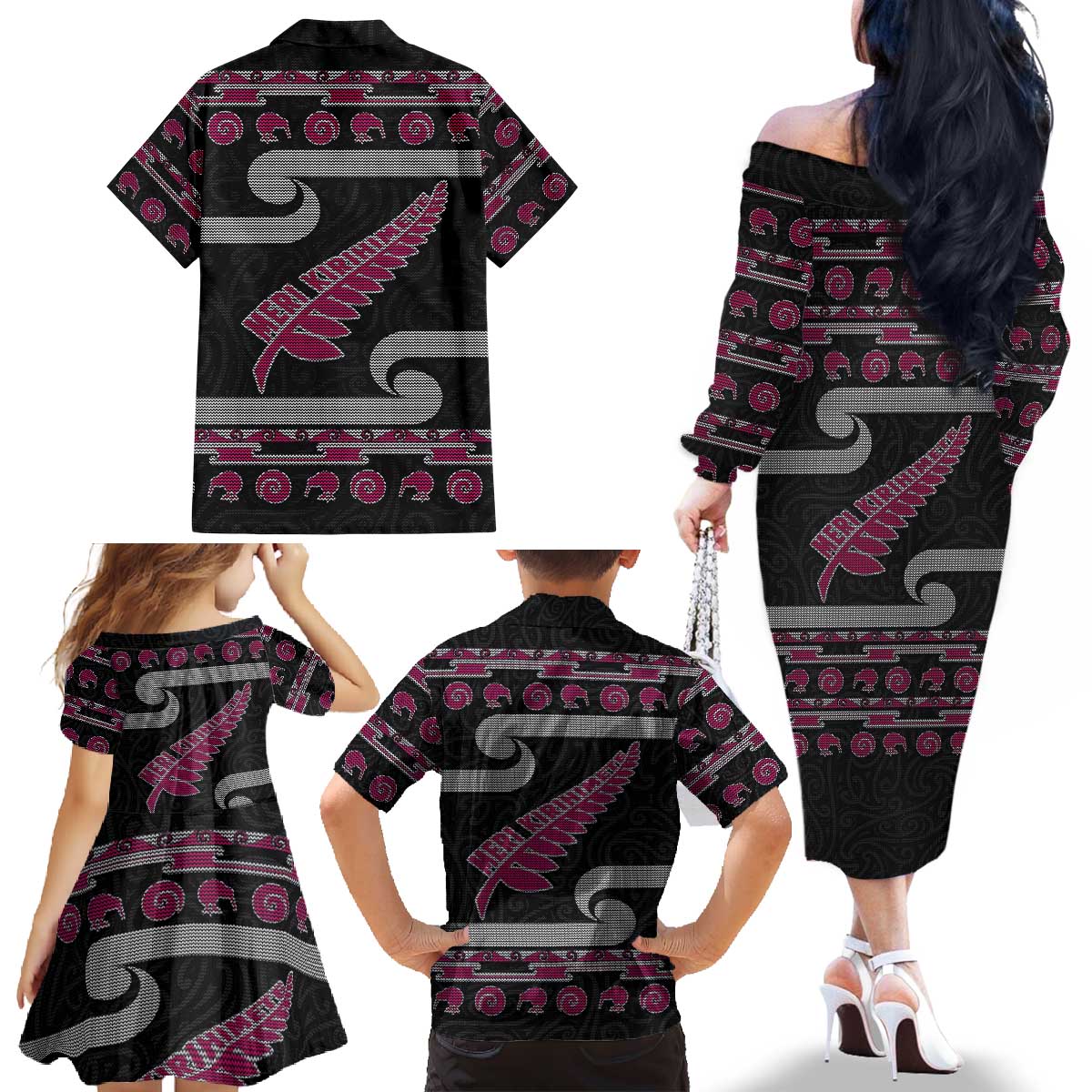 New Zealand Christmas Family Matching Off The Shoulder Long Sleeve Dress and Hawaiian Shirt Meri Kirihimete Silver Fern Knit Style Pink Color - Polynesian Pride