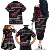 New Zealand Christmas Family Matching Off The Shoulder Long Sleeve Dress and Hawaiian Shirt Meri Kirihimete Silver Fern Knit Style Pink Color - Polynesian Pride