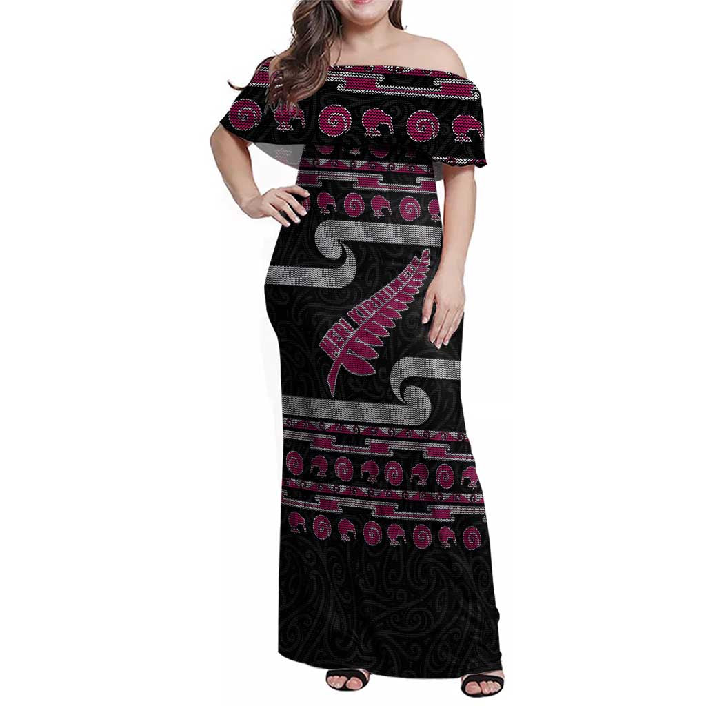 New Zealand Christmas Family Matching Off Shoulder Maxi Dress and Hawaiian Shirt Meri Kirihimete Silver Fern Knit Style Pink Color - Polynesian Pride