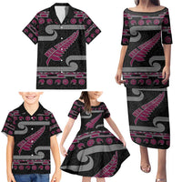 New Zealand Christmas Family Matching Puletasi and Hawaiian Shirt Meri Kirihimete Silver Fern Knit Style Pink Color - Polynesian Pride
