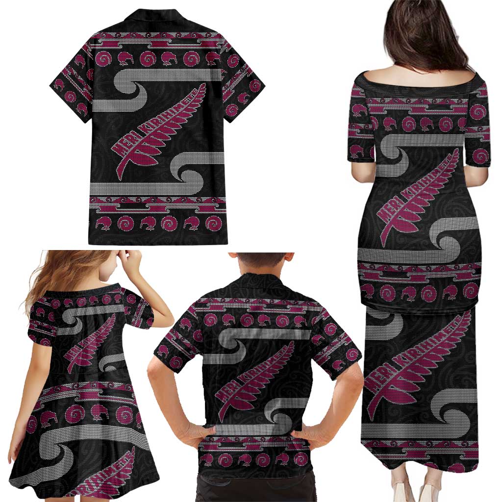 New Zealand Christmas Family Matching Puletasi and Hawaiian Shirt Meri Kirihimete Silver Fern Knit Style Pink Color - Polynesian Pride