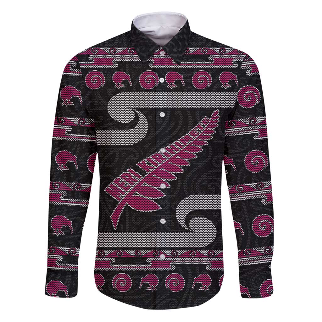 New Zealand Christmas Family Matching Puletasi and Hawaiian Shirt Meri Kirihimete Silver Fern Knit Style Pink Color - Polynesian Pride