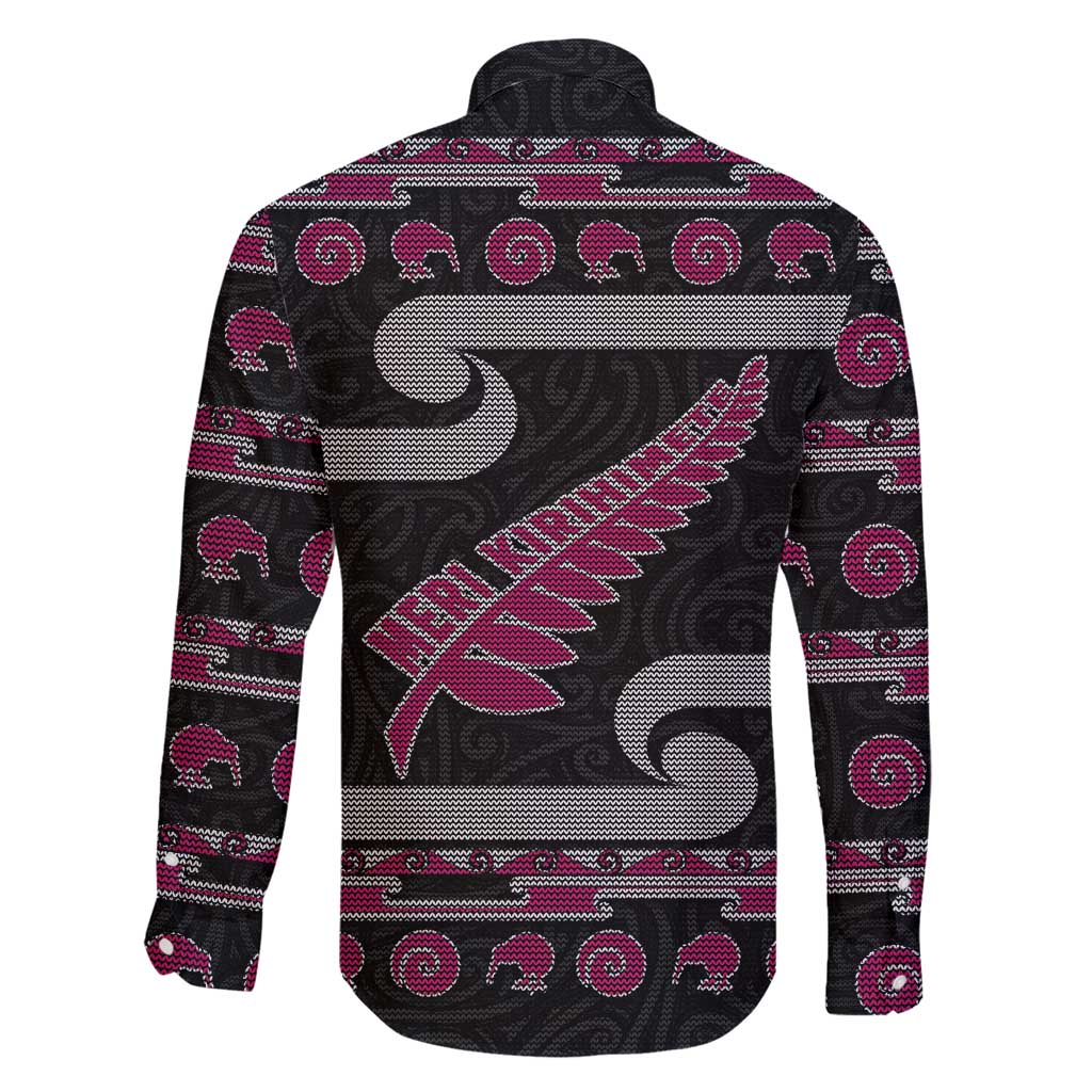 New Zealand Christmas Family Matching Puletasi and Hawaiian Shirt Meri Kirihimete Silver Fern Knit Style Pink Color - Polynesian Pride
