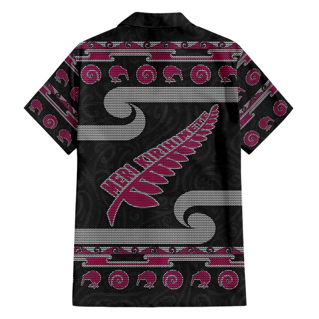 New Zealand Christmas Family Matching Short Sleeve Bodycon Dress and Hawaiian Shirt Meri Kirihimete Silver Fern Knit Style Pink Color - Polynesian Pride