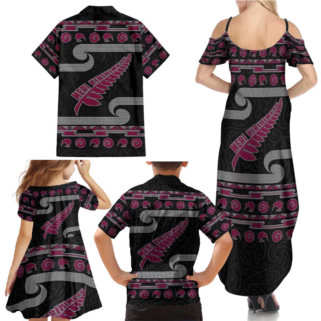 New Zealand Christmas Family Matching Summer Maxi Dress and Hawaiian Shirt Meri Kirihimete Silver Fern Knit Style Pink Color - Polynesian Pride