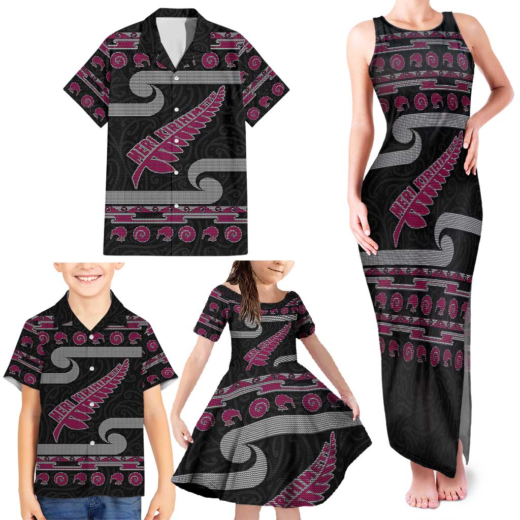 New Zealand Christmas Family Matching Tank Maxi Dress and Hawaiian Shirt Meri Kirihimete Silver Fern Knit Style Pink Color - Polynesian Pride