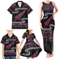 New Zealand Christmas Family Matching Tank Maxi Dress and Hawaiian Shirt Meri Kirihimete Silver Fern Knit Style Pink Color - Polynesian Pride
